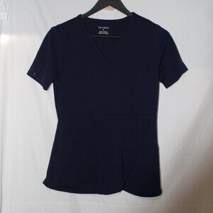 Jaanuu Womens Navy Tulip Mock-Wrap Scrub Top